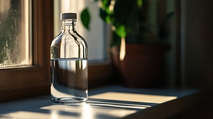 Clear Glass Water Bottle on a Wooden Windowsill with Sunlight and Shadow