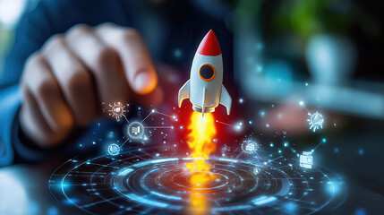Entrepreneur launching digital product with innovative technology, showcasing growth and success in e commerce. rocket symbolizes ambition and progress