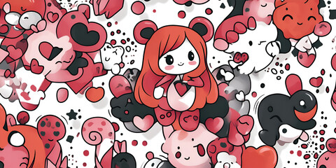 Love Doodle: A vibrant and whimsical illustration filled with playful characters and hearts, perfect for expressing love and affection.