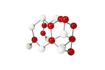 Obraz premium A molecular 3D model with red and white spheres, showcasing a different atomic arrangement, symbolizing chemistry, physics, or scientific research, isolated on a transparent background