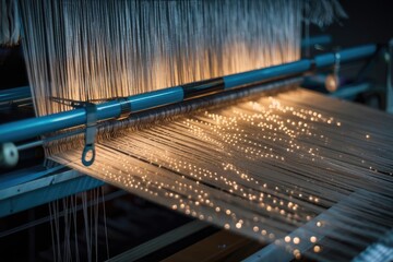 Close-up of textile loom machine with taut, shimmering threads in a modern, industrial aesthetic, cool blue and warm yellow light contrast