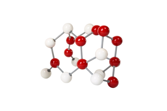 A molecular 3D model with red and white spheres, showcasing a different atomic arrangement, symbolizing chemistry, physics, or scientific research, isolated on a transparent background