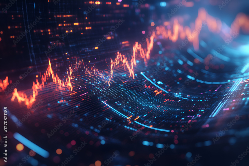Poster financial data visualization: dynamic digital display showcases a fluctuating line graph representin