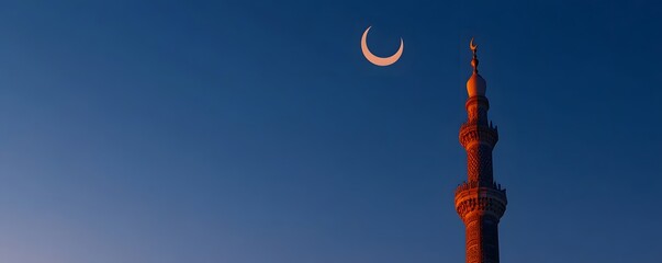 Minaret reaches for crescent moon in a clear blue sky