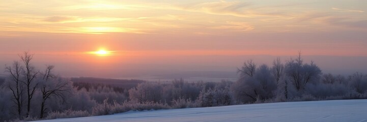Fototapeta premium Winter landscape with snow covered trees glowing in golden sunset light, horizon, golden glow, season