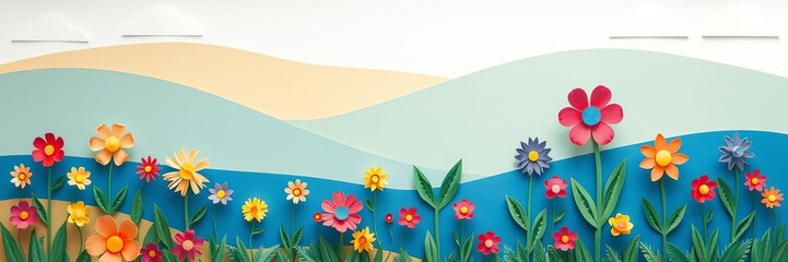 Vibrant paper flower field with rolling hills backdrop in modern paper cut style, playful, paper flowers, colorful