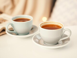 Obraz premium Two cups of steaming hot drink sitting on a white table, with a blurred background providing space for text, warm, cups, comfort
