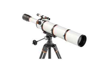 A sophisticated white telescope with black mounts, a focusing dial, and a tracking gauge on an adjustable tripod. Designed for professional stargazing, isolated on a transparent background