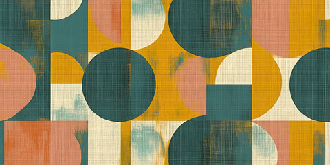 Geometric Harmony: A captivating geometric pattern unfolds, showcasing a symphony of circular and rectangular shapes, awash in a palette of harmonious, retro-inspired hues.