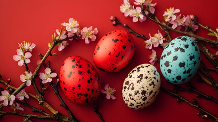 Obraz premium Colorful Easter Eggs on Red Background with Cherry Blossoms