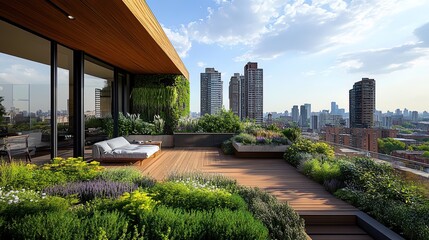 Naklejka premium Urban rooftop garden with lush greenery and a panoramic city view
