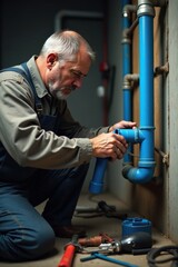 A skilled tradesperson meticulously repairs a section of blue plumbing pipes in a dimly lit basement, demonstrating expertise and precision in their work.