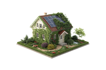 An ivy-clad house with a red-tiled roof and solar panels stands within a flower-filled landscape, promoting eco-conscious living, renewable energy, isolated on a transparent background