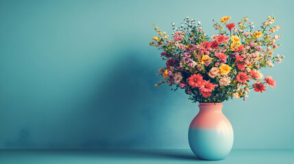 Vibrant Floral Arrangement in Pastel Vase against Soft Blue Background