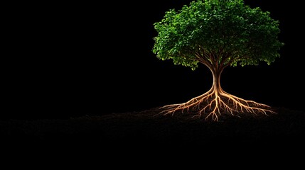 Lush Green Tree with Exposed Roots Against Black Background