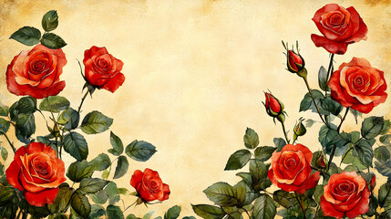 Beautiful Red Roses Against Vintage Background with Soft Texture