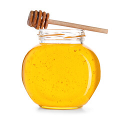 Jar of tasty honey and wooden dipper isolated on white background
