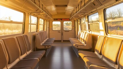 Empty suburban train interior bathed in golden sunlight during ride