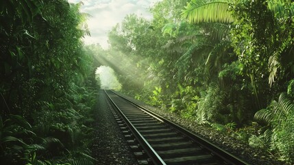 Fototapeta premium Scenic Train Journey Through Lush Green Tropical Landscape