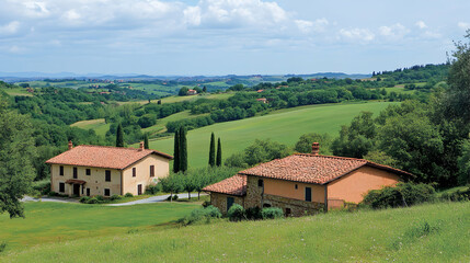 Picturesque Tuscan countryside showcasing two charming farmhouses nestled amongst rolling green hills under a vibrant sky.