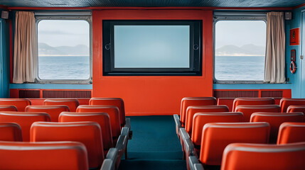 Vibrant Interior of a Movie Theater on a Ferry Overlooking the Sea