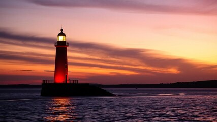 Red and white lighthouse in water with sunset backdrop, twilight, maritime, sunset