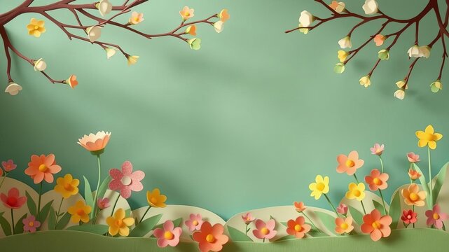 Stylized spring flowers in paper cut design with cheerful hues and playful shapes, perfect for seasonal celebrations, inviting atmosphere, hues, spring