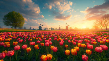 A field of flowers with a windmill in the background