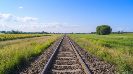 Obraz premium Scenic Countryside Train Tracks Under Bright Blue Sky