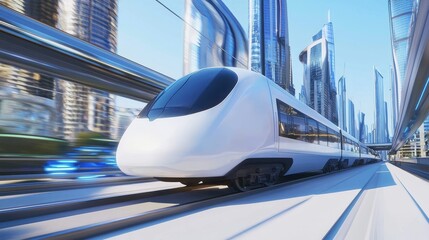 Modern High-Speed Train Traveling Through Futuristic Cityscape