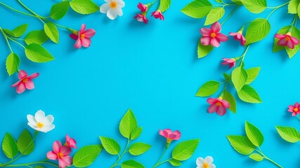 Fototapeta premium Vibrant paper cut flowers with green leaves on blue background, bright, blue background, vibrant