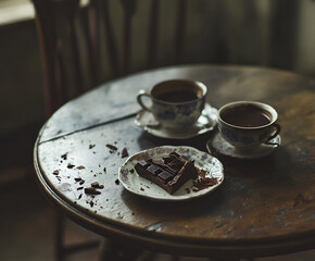 Dark Chocolate and Coffee: Two steaming cups of coffee and a broken dark chocolate bar sit on a rustic wooden table, creating a mood of cozy intimacy and quiet contemplation.