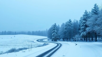 Snow-covered road surrounded by dark trees in a winter wonderland, creating a serene and peaceful scene, serene, dark trees, serene