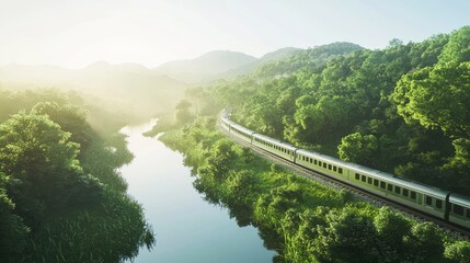 Serene Train Journey Through Lush Green Landscape at Dawn