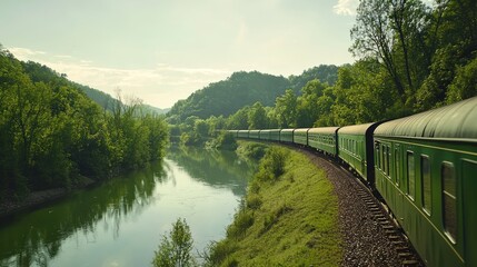 Fototapeta premium Serene Train Ride Along Winding River Through Lush Green Landscape