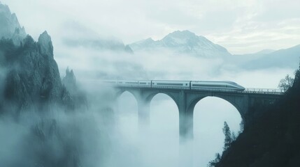 Fototapeta premium High-Speed Train Zipping Through Misty Mountains on a Bridge