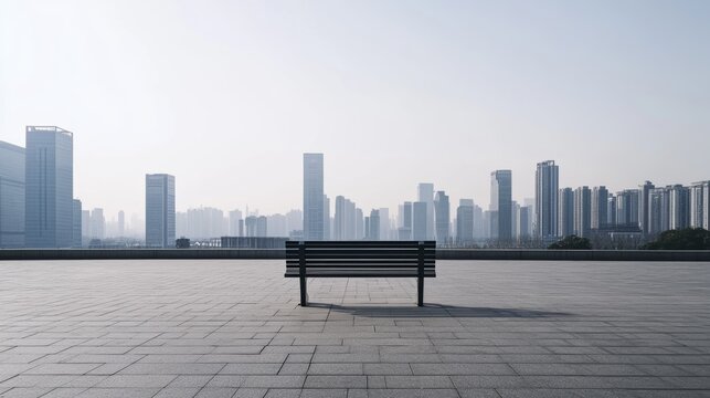 A modern city plaza with a skyline and a single bench. Featuring solitude and reflection