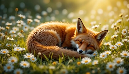 Naklejka premium Sleeping Fox Curled Up in a Meadow of Daisies Relaxing in Sunlight