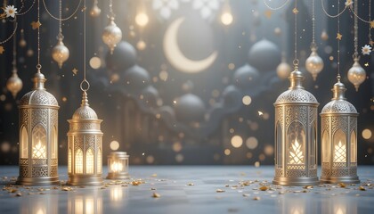 Obraz premium An elegant Ramadan decorative background with delicate beautiful lanterns
