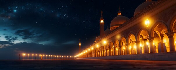 Mosque illuminated at night with star filled sky above it