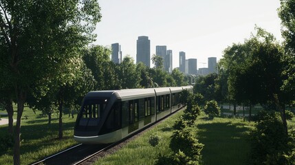 Naklejka premium Sleek Modern Train Traveling Through Urban Landscape with Greenery