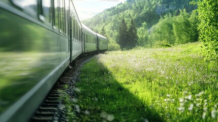Tranquil Train Journey Through Lush Green Countryside Landscape