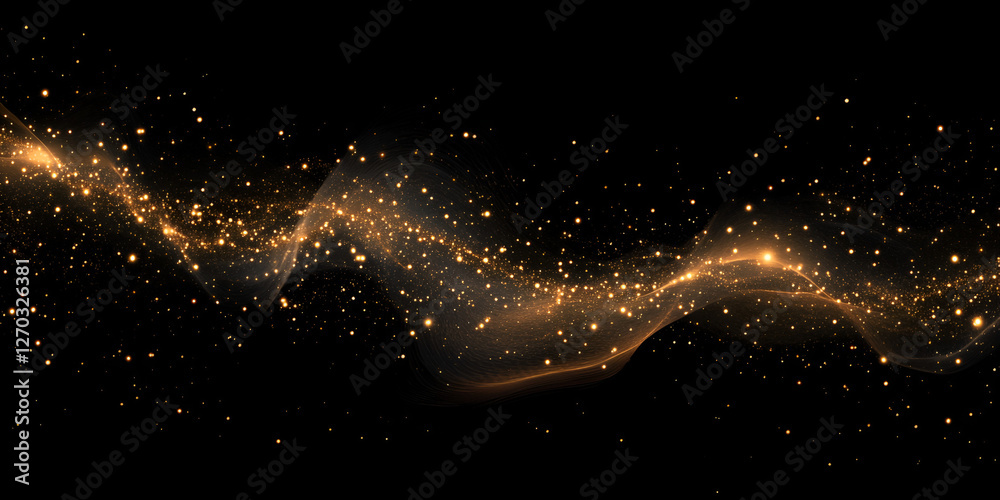 Poster cosmic gold: a mesmerizing visual display of golden particles creating an ethereal wave across a bla