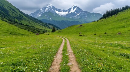 Mountain valley road through meadow under cloudy sky. Possible use Stock photo