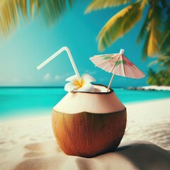 Coconut cocktail drink concept, on the beach relax
