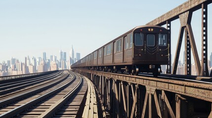 Obraz premium Vintage Train Approaching Crossing Over Elevated Tracks in Cityscape