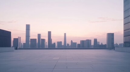 Fototapeta premium A modern city plaza with a skyline at sunrise. Featuring hope and new beginnings