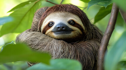 Fototapeta premium Cute Sloth Relaxing in Tropical Greenery on a Sunny Day