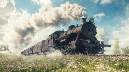 Fototapeta premium Vintage Steam Locomotive Chugging Through Lush Green Landscape