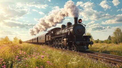 Vintage Steam Locomotive Chugging Through Lush Green Fields